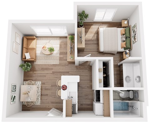 A top-down view of a modern, minimalist apartment with a kitchen, living room, and bathroom.